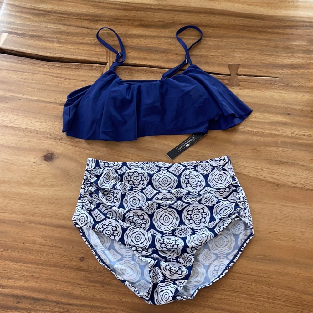 Full coverage two-piece bikini, blue and white pattern BRAND NEW W/ TAGS size M